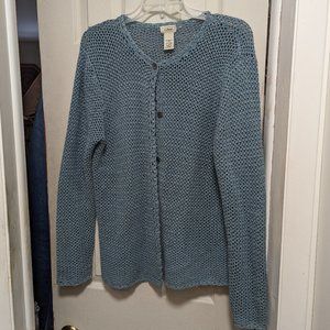 LL Bean Light Teal Linen-Cotton Open Knit Cardigan Size L
